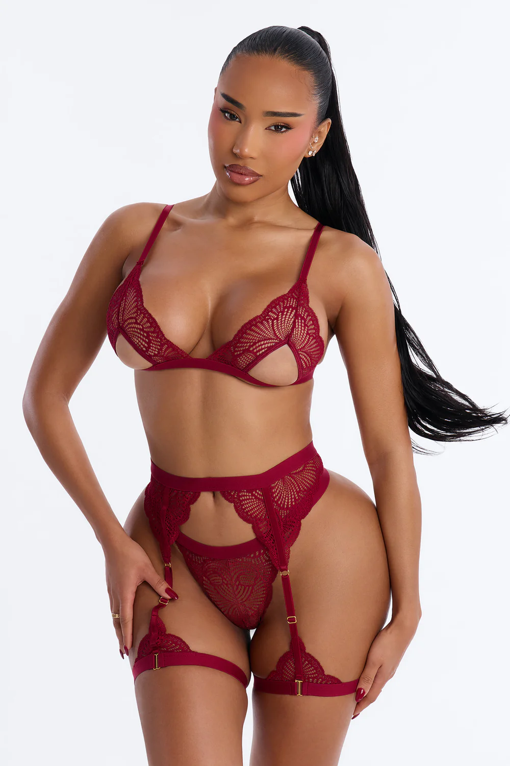 Settle Down Lace Cut Out 3 Piece Garter Set - Burgundy - Image 2